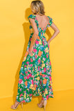 Green Boho Floral Print Ruffle Sleeveless Tiered Maxi Dress