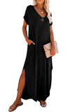Black Solid Color Hidden Pocket V Neck Slit Maxi Dress