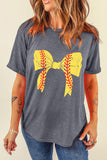 Gray Casual Baseball Bowknot Graphic Roll Up Sleeve Tee