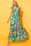 Green Boho Floral Print Ruffle Sleeveless Tiered Maxi Dress